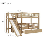 RUNNA Twin Over Twin Bunk Bed with Slide, Storage Drawers & Staircase, Solid Pine Wood Frame, No Box Spring Needed, Kids Bedroom Space-Saving Furniture (01-Walnut) RUNNA