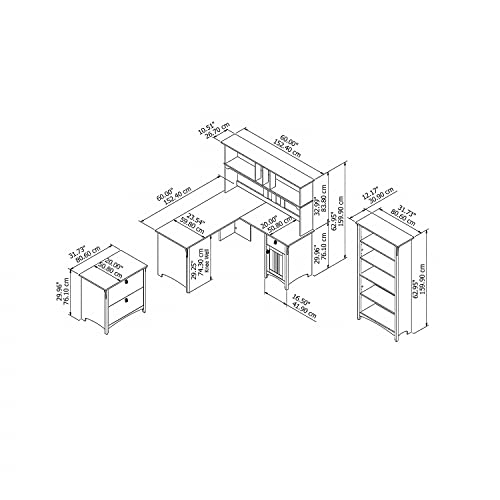 Bush Furniture Salinas 60W Antique White L Shaped Desk Set with Hutch, File Cabinet & Bookcase - WoodArtSupply