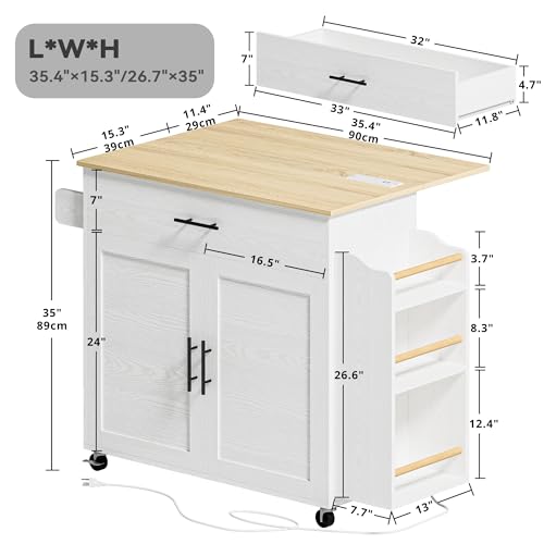 Rolling Kitchen Island with Drop Leaf and Storage by IRONCK, White IRONCK