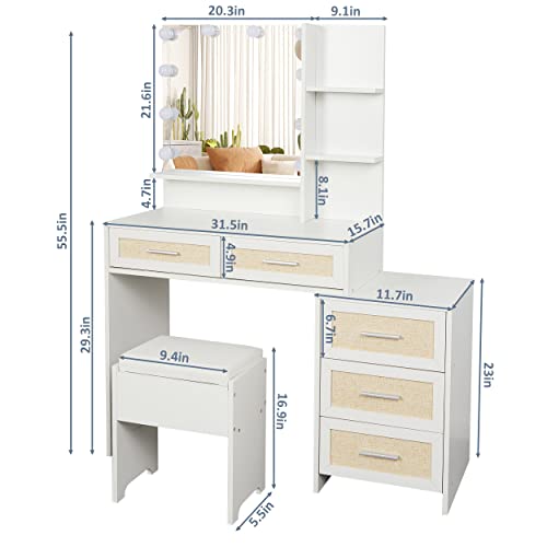 Maupvit Rattan Vanity Desk with Mirror and Lights, Boho Makeup Vanity Table Set with Nightstand, 5 Drawers & 10 Bulbs, Metal Silver Handle, 3 Open Shelves, Dressing Table with Cushioned Stool (White) Maupvit