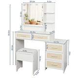 Maupvit Rattan Vanity Desk with Mirror and Lights, Boho Makeup Vanity Table Set with Nightstand, 5 Drawers & 10 Bulbs, Metal Silver Handle, 3 Open Shelves, Dressing Table with Cushioned Stool (White) Maupvit