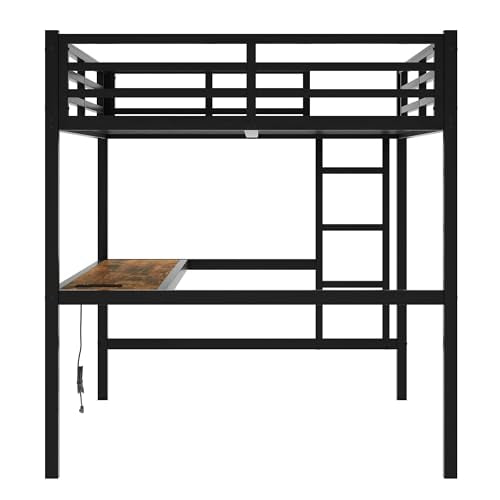 Bellemave Full Loft Bed with Desk and LED, Metal Full Loft BedFrame with guardrail and Ladder for Adults, Kids, Teens, Black Bellemave