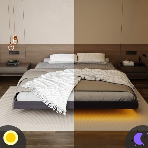Muluflower Floating Bed Frame Full Size with LED Lights and Charging Station, Grey Linen Metal Platform Bed Frame, Easy Assembly, No Box Spring Needed (Full) Muluflower