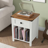HOSEOKA Farmhouse Record Player Stand with Vinyl Record Storage, End Table with Charging Station, Wood Record Holder Cabinet Dispaly Shelf for Living Room,Bedroom,Office,White HOSEOKA