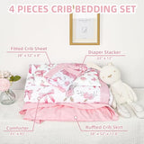 Jundetye Floral Crib Bedding Set for Girls, 4 Pieces Pink Baby Nursery Bedding Set for Standard Size Crib, Including Soft Comforter, Crib Sheet, Ruffled Crib Skirt, Diaper Stacker Jundetye