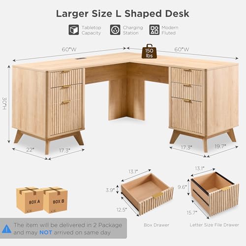 T4TREAM 60'' Fluted Executive L Shaped Desk, Modern Home Office Desk with Charging Station and File Drawer, Computer Corner Desks with Drawers & Storage Cabinet for Office Home, Bedroom, Natural Oak T4TREAM