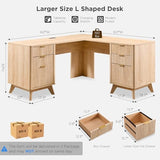 T4TREAM 60'' Fluted Executive L Shaped Desk, Modern Home Office Desk with Charging Station and File Drawer, Computer Corner Desks with Drawers & Storage Cabinet for Office Home, Bedroom, Natural Oak T4TREAM