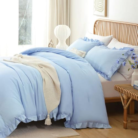 JANZAA Ruffle Light Blue Comforter Set Full Size Comforter 3PCS 1 Emerald Comforter and 2 Pillowcases Vintage Farmhouse Shabby Chic Bedding Soft Fluffy Comforter Set All Season (Light Blue, Full) JANZAA