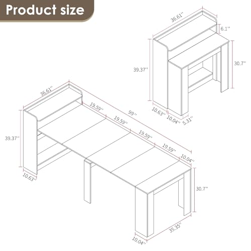 DMAITH 20"-99" White Extendable Dining Table with Storage for 2-10 People, Modern Modular Extension Table, Space-Saving Extra Long Folding Dining Table, Multifunctional Conference Meeting Table DMAITH
