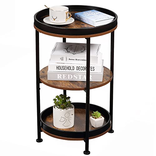 Dulcii Side Table, Round End Table with 3 Storage Shelves for Living Room, Bedroom, Nightstand with Steel Frame for Small Spaces, Industrial Round Sofa Table, Outdoor Accent Coffee Table, Rus - WoodArtSupply