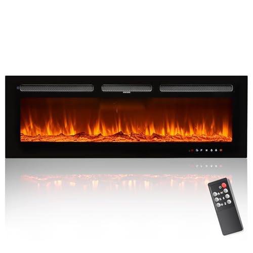 OneBlis Electric Fireplace, 50 inch Wide Recessed/Wall Mounted Electric Fireplace, Remote Control with Timer, 12 Adjustable Color Flame, Log Set & with Crystal Stone, 750/1500W OneBlis