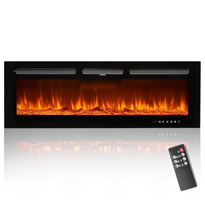 OneBlis Electric Fireplace, 50 inch Wide Recessed/Wall Mounted Electric Fireplace, Remote Control with Timer, 12 Adjustable Color Flame, Log Set & with Crystal Stone, 750/1500W