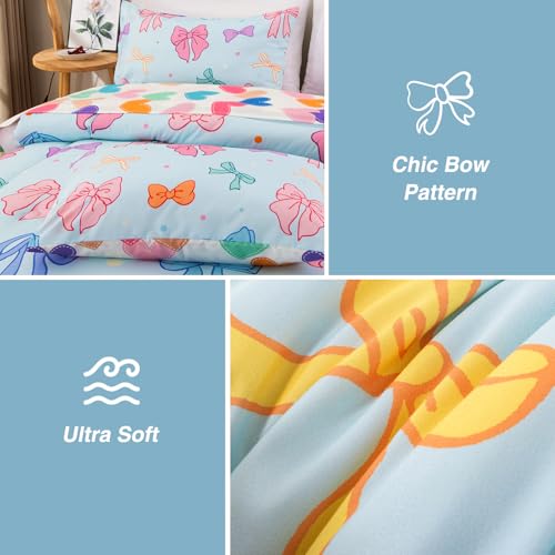 A Nice Night Full Size Bed in A Bag Bow Comforter Set for Kids,Quilt Bedding Set with Bowknot & Chic Polka Dot Pattern,Blue Background Room Decor for Girls A Nice Night