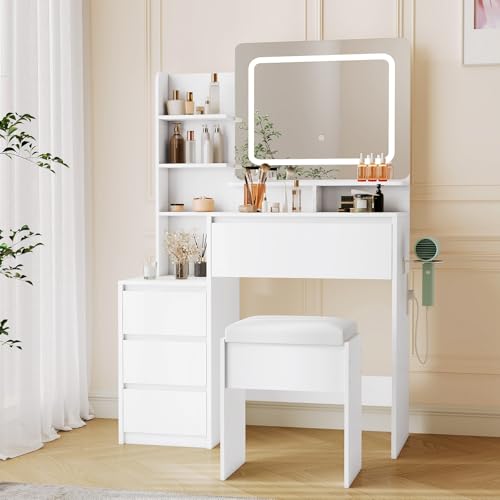 Loumernhant Vanity Set with Mirror and Adjustable Lights, Makeup Vanity Table with Built-in Charging Station, Vanity Desk with 4 Drawers, 4 Shelves, Vanity Bench for Bedroom-White Loumernhant