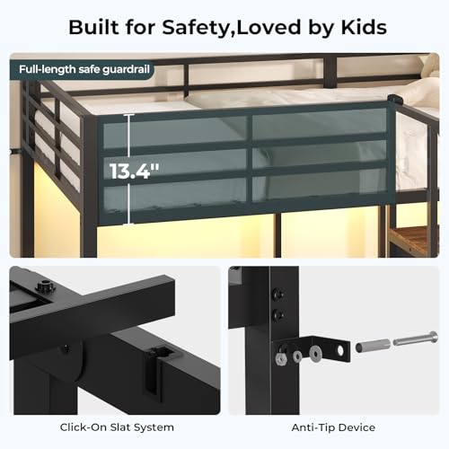 ADORNEVE Triple Bunk Bed with Storage Staircase, RGB Lights & Charging Station, Twin Over Twin, Heavy Duty Metal 3 Bunk Beds with Drawers & Headboard Shelf, Safety Guardrails, for Kids, Black ADORNEVE