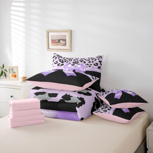 Feelyou Purple Silk Bowknot 7 Piece Bedding Set Full Size Grey Leopard Comforter Set with Sheets for Kids Girls Women Black Purple Bed in a Bag Sweet Romantic Bed Set Feelyou
