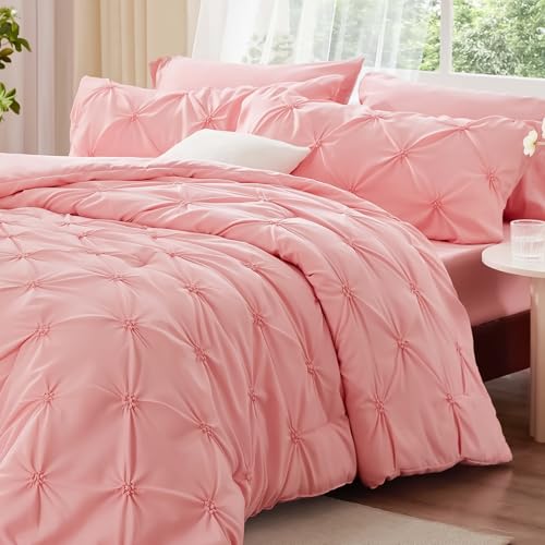 BEDELITE Pink King Size Comforter Set - 3 Pieces Boho Pintuck Bedding Comforter Sets, Lightweight Soft & Warm King Bedding Set with 2 Pillowcases for All Season BEDELITE