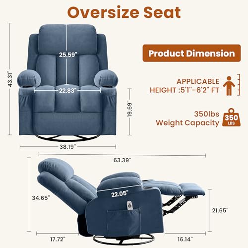 MAHOMICO Swivel Rocker Recliner Chair with Vibration Massage and Heat for Living Room,with Rocking Function and Side Pocket, USB Charge Port,2 Cup Holders MAHOMICO