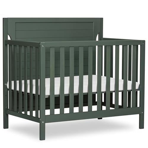 Dream On Me Bellport 4-in-1 Convertible Mini Baby Crib, Compact Design in Safari Green, GreenGuard Gold & BSA, Non-Toxic, Pinewood, Converts to Mini Daybed & Twin Bed, 1″ Mattress Pad
