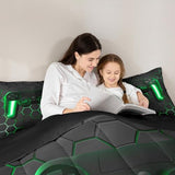 Game Bedding Sets for Boys,Gaming Comforter Set Full,Kids Gamer Duvet Set Neon Lights Gamepad Bed Set for Teen Men Bedroom,geometric Honeycomb Hexagon Comforter with 2 Pillow Shams,Green Grey Erosebridal
