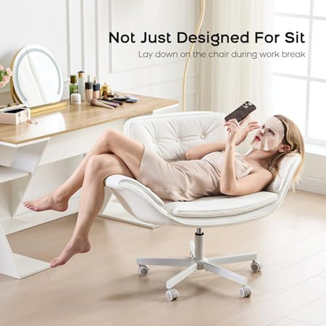 amseatec Criss Cross Chair with Armrests & Wheels, PU Leather Vanity Chair, Comfortable Adjustable Swivel Computer Office Desk Chairs for Home, Make Up, Bed Room (White) amseatec
