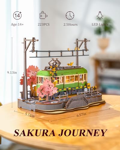 ROBOTIME 3D Puzzles for Adults DIY Model Building Toy with LED Light Wooden Craft Kits Diorama Tram Hobby for Kids Brain Teaser Gift (Sakura Journey) - WoodArtSupply