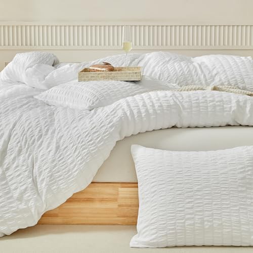 WARMDERN Duvet Cover Set Queen Size, 3pcs Washed Microfiber White Bedding Set, Soft Breathable Striped Textured Seersucker Duvet Cover with Zipper Closure & Corner Ties(White, Queen) WARMDERN