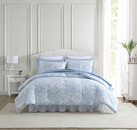 Laura Ashley - Queen Comforter Set, Soft & Reversible Cotton Floral Bedding with a Medium Weight Feel, 3 Piece Bed Set with Matching Pillowcases (Bedford Blue) Laura Ashley
