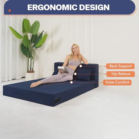 Fvkind Folding Sofa Bed, 4 in 1 Convertible Sleeper Sofa Bed Chair with Pillow, Twin Memory Foam Loveseat Futon Sleeper Chair, Foldable Futon Couch for Living Room, Bedroom, Guest Room, Blue Fvkind