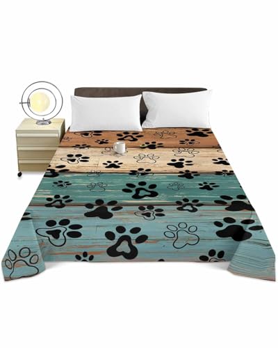Top Sheet King Bedding Flat Sheet Only, Animal Dog Paw Print Farm Teal Wood Board Microfiber Bed Sheets Soft Breathable Bedding Flat Sheets, Country Wooden Grain Hotel Luxury Top Sheets Chees D Zone