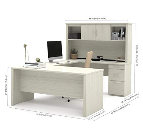 Bestar Logan 66W U or L-Shaped Executive Office Desk with Pedestal and Hutch in white chocolate Bestar