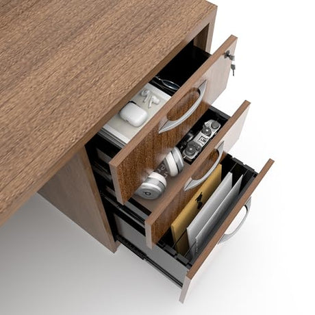 ALFA BUSINESS U-Shaped Executive Office Standing Desk with Pre-Assembled Frame & Lockable File Cabinet, Dual Motor Height Adjustable Electric Sit Stand Desk, Programmable Controller, Walnut/White ALFA BUSINESS