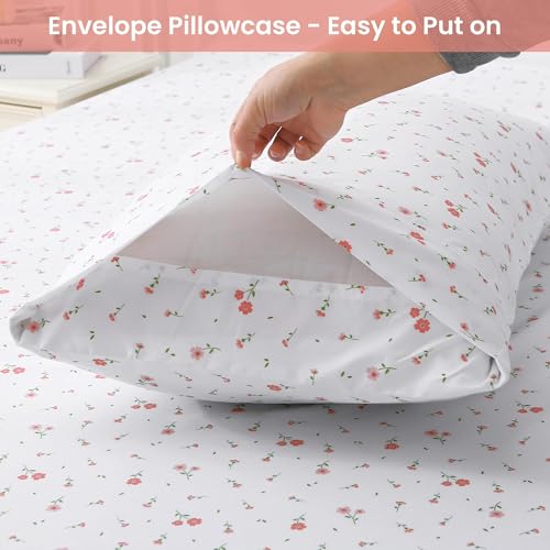Softan Pink Floral Full Sheet Set Flower Printed Bed Sheets Double - 4 Piece Microfiber Patterned Fitted Bed Sheets with 15" Deep Pocket & Straps, Cozy Cute Pink Sheets and Pillowcase Set Softan