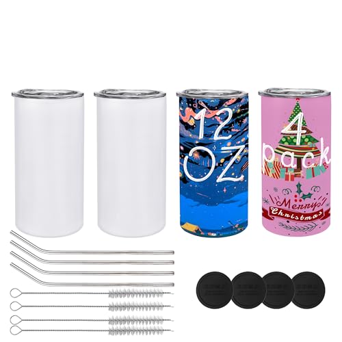 JYLJINGYULI 4 pack 12 oz Sublimation Tumblers Blanks, 12oz Sublimation Tumbler Cups Blank Bulk, Straight Skinny Insulated Cup Stainless Steel Water Bottle with Lid and Straw for Craft DIY JYLJINGYULI