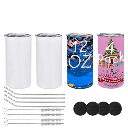 JYLJINGYULI 4 pack 12 oz Sublimation Tumblers Blanks, 12oz Sublimation Tumbler Cups Blank Bulk, Straight Skinny Insulated Cup Stainless Steel Water Bottle with Lid and Straw for Craft DIY - WoodArtSupply