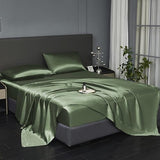 Revdomfly 4 Pcs Queen Size Luxury Silky Soft Olive Green Satin Sheet Set,1 Premium Moisture Wicking Fitted Sheet Fits Up to 16 Inches Deep Pocket + 1 Flat Sheet + 2 Pillowcases（Olive Green, Queen） Revdomfly