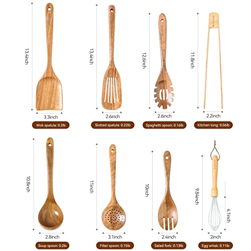 MAXCOOK Wooden Spoons for Cooking,8 Pcs Teak Wooden Kitchen Utensils Set,Natural Acacia Wood Non-stick Spatula Cooking Spoons,Lightweight, Convenient, Easy to Wash Wooden Cooking Utensils MAXCOOK