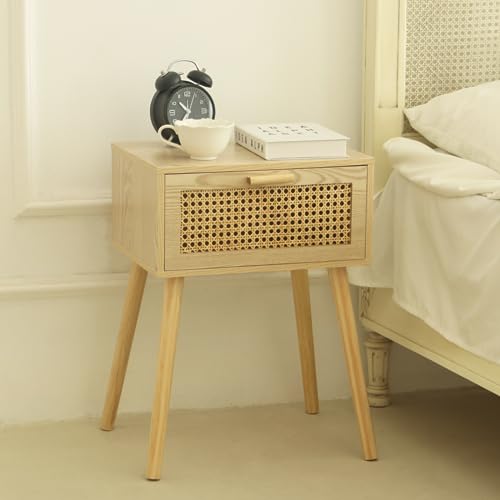 AWASEN Rattan Nightstand, Bedside Table with Rattan Drawer, Wood End Table with Storage and Solid Wood Legs for Bedroom Living Room Small Space (Walnut)