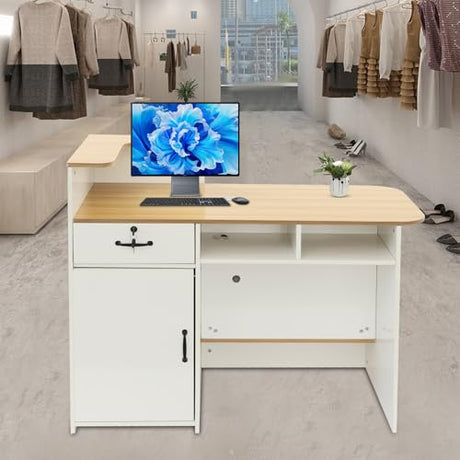 47In Reception Desk with LED Lights, L-Shaped Modern Front Table Reception Room Table with Cable Grommet & Lockable Drawers, Retail Checkout Counter for Lobby Salon Office AngelcityCC