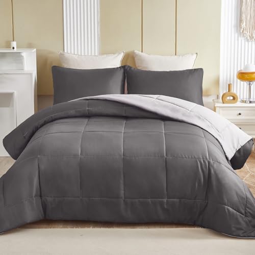 Exclusivo Mezcla Lightweight Reversible King Size Comforter Set, Down Alternative Comforter with 2 Pillow Sham, King Size Bedding Set for All Seasons, Grey Exclusivo Mezcla
