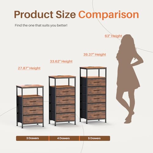 Sweetcrispy Nightstand with Charging Station, Bedside End Table with 3 Fabric Drawers & USB/Type-C Ports and Outlets, Night Stand for Bedroom Furniture, Adjustable Feet and Variable Light Strip, Rust Sweetcrispy