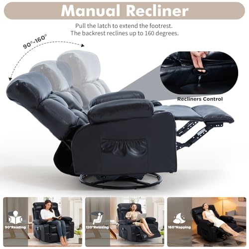Comermax Rocker Recliner Chair with Heat and Massage, Wide Seat Heated Massaging Reclining Chair, Faux Leather Manual Swivel Rocking Recliners with Cup Holder, Black