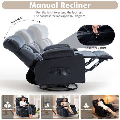 Comermax Rocker Recliner Chair with Heat and Massage, Wide Seat Heated Massaging Reclining Chair, Faux Leather Manual Swivel Rocking Recliners with Cup Holder, Black Comermax