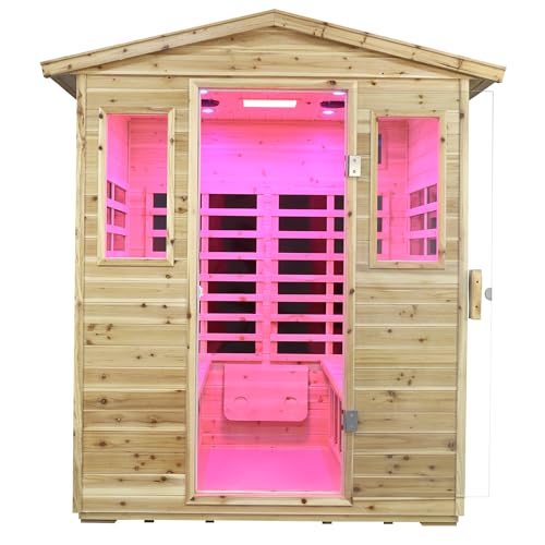 Kanlanth Outdoor Infrared Sauna with Red Light Therapy, 4 Person 2050watt Canadian Hemlock Wood Personal Sauna Room for Indoor Home, with Blue-Tooth, 4 Chromo Therapy Lighting, Control, Cup Holder Kanlanth
