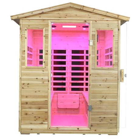 Kanlanth Outdoor Infrared Sauna with Red Light Therapy, 4 Person 2050watt Canadian Hemlock Wood Personal Sauna Room for Indoor Home, with Blue-Tooth, 4 Chromo Therapy Lighting, Control, Cup Holder Kanlanth