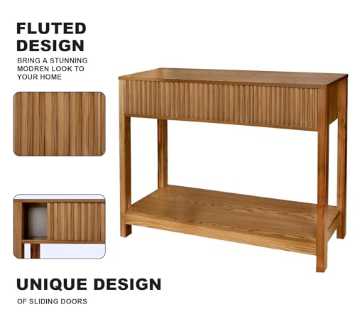 Fluted Console Table with Storage, 48" Long Entryway Slim Sofa Table Behind Couch Entry Tables, Narrow Wood Hallway Modern Living Room Couch Foyer Entrance Tables Brown ZYBT