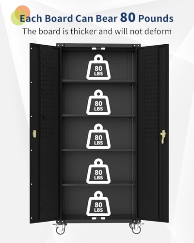 Garage Storage Cabinet 72 in Locking w/Wheels & Pegboard | Heavy-Duty Steel w/ 4 Adjustable Shelves | Workshop Home Office Organizer, Black GarveeHome