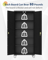 GarveeHome Garage Storage Cabinet with Wheels & Pegboard, 72 in H Locking Metal Storage Cabinet with 2 Doors & 4 Adjustable Shelves for Garage Workshop Home Office, Black GarveeHome
