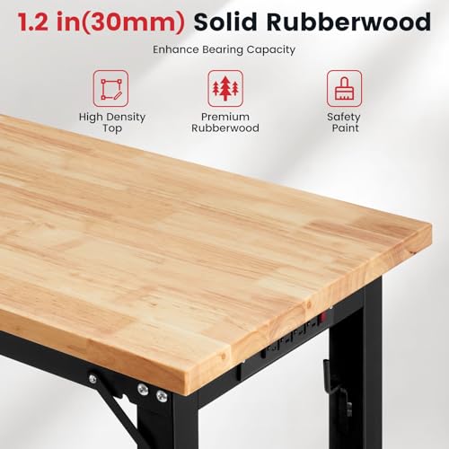 ENJOYWOOD Workbench with Wheels 60 Inch Rubberwood Tabletop Garage Workbench Adjustable Height Work Bench with Pegboard, Power Outlets for Woodworking, Home, Office, Workshop ENJOYWOOD