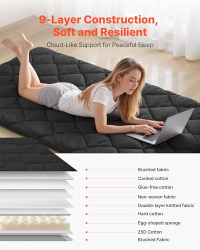 VEVOR 9-Layer Japanese Futon Mattress, 3.5" Thick Twin Tatami Mat, Foldable Roll Up Mattress for Sleeping with Storage Bag, Portable Floor Mattress for Camping Dormitory Yoga, Black VEVOR
